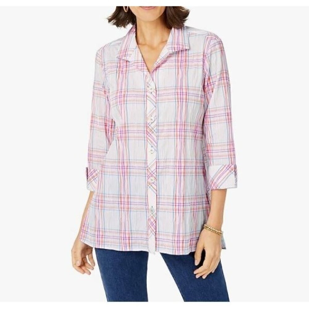 Foxcroft Top Womens 16 Rhett Crinkle Plaid 3/4 Sleeve Button Up Tunic Beachy
